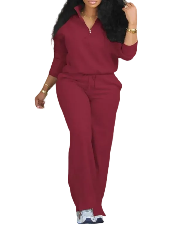 Women's Solid Half Placket Split Hem Pants Set