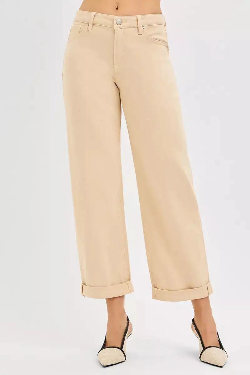Classic Mid Rise Cuffed Hem Wide Leg Jeans