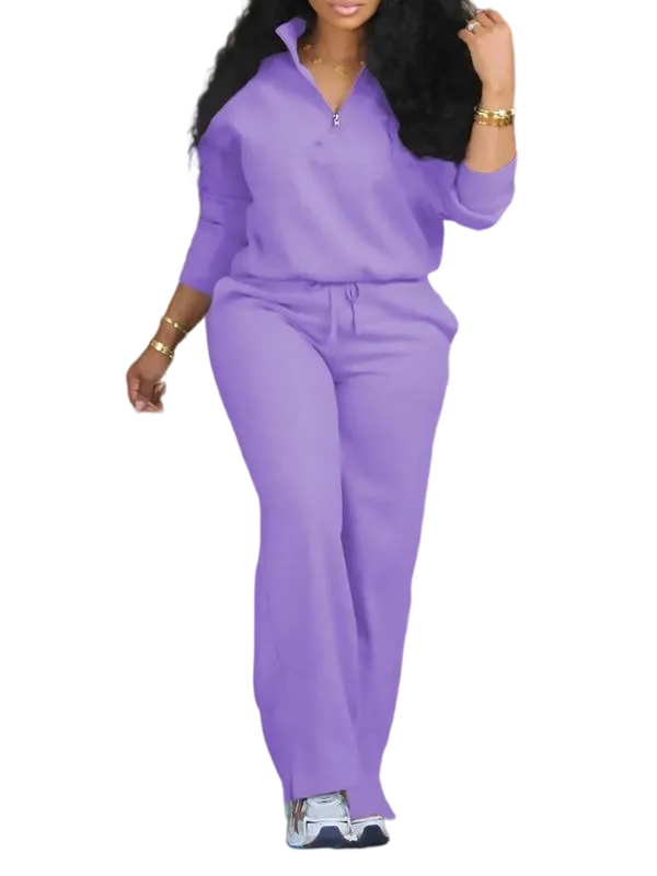 Women's Solid Half Placket Split Hem Pants Set