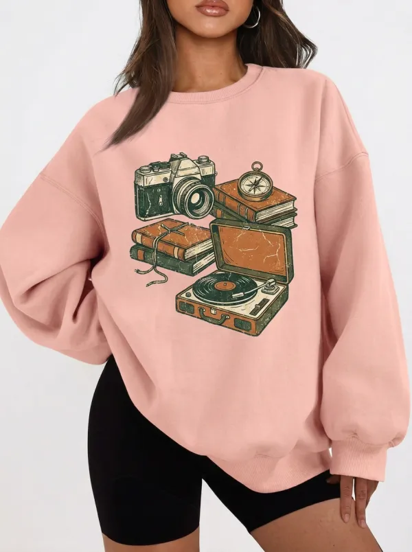 Women's Vintage Travel Hobby Camera Record Player Graphic Crewneck Sweatshirt