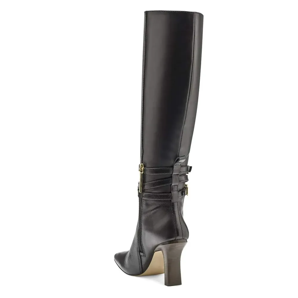 Buckle-Detail Zip-Up Square-Toe Pointed-Toe Knee-High Boots