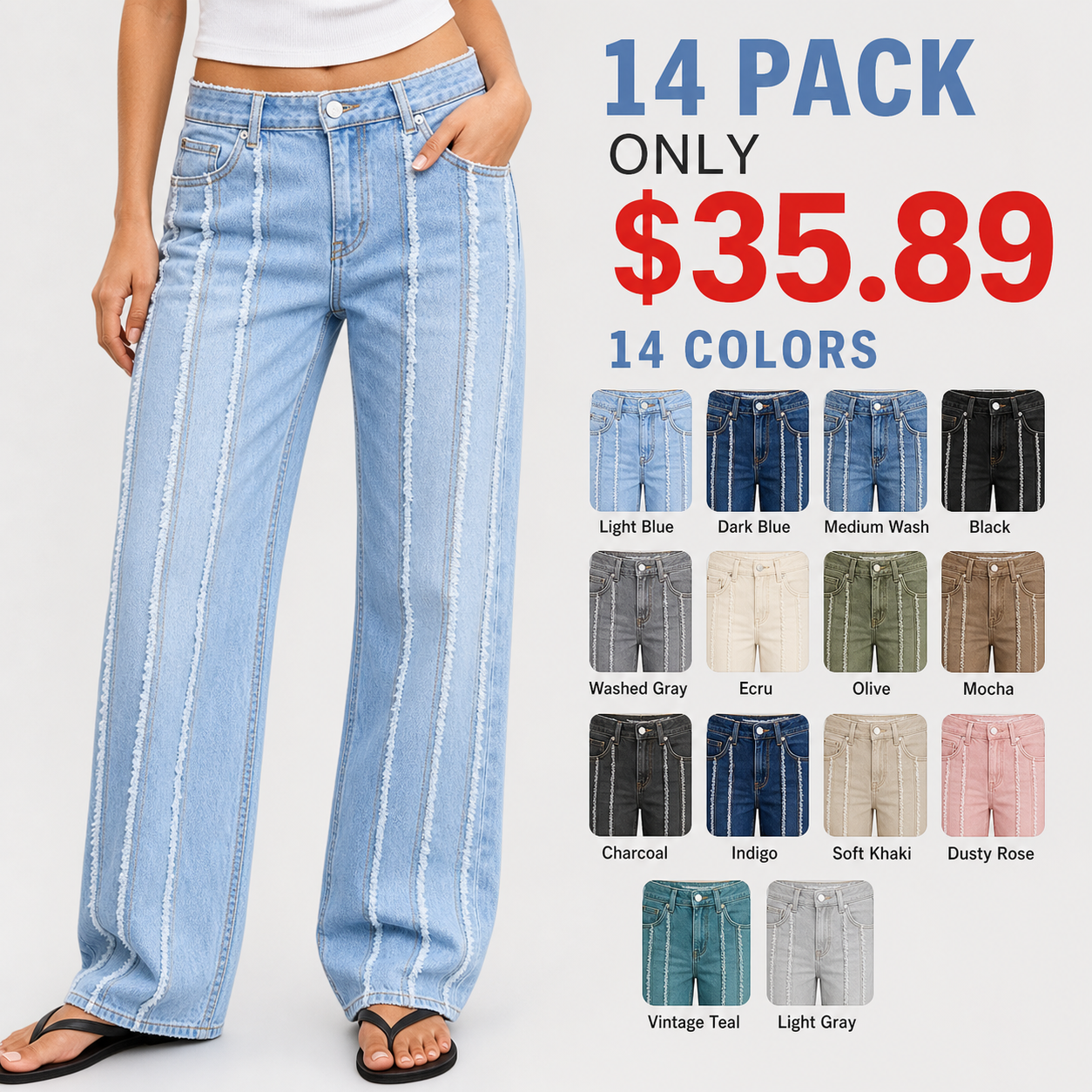 Fourteen color options for wash stitch detail jeans