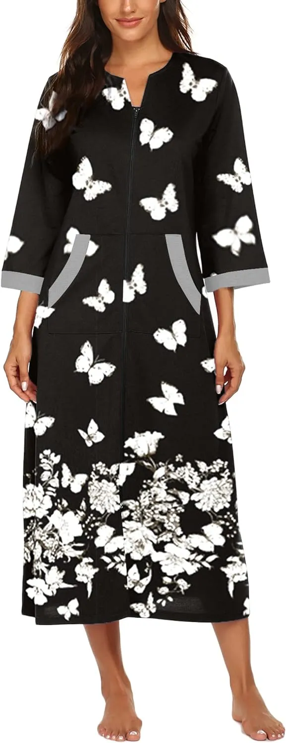 50% OFF Women Zipper Robe 3/4 Sleeves Loungewear Dress Full Length Sleepwear Pockets Housecoat Nightgown Long Bathrobe