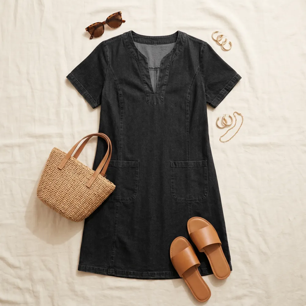 V Neck Pocket Denim Midi Dress