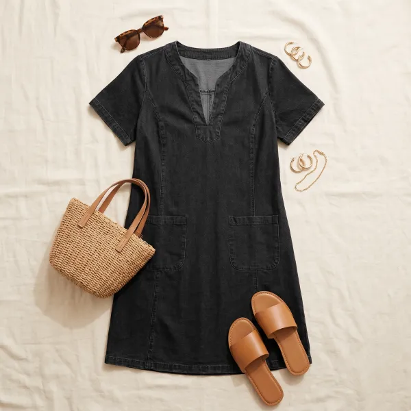V Neck Pocket Denim Midi Dress