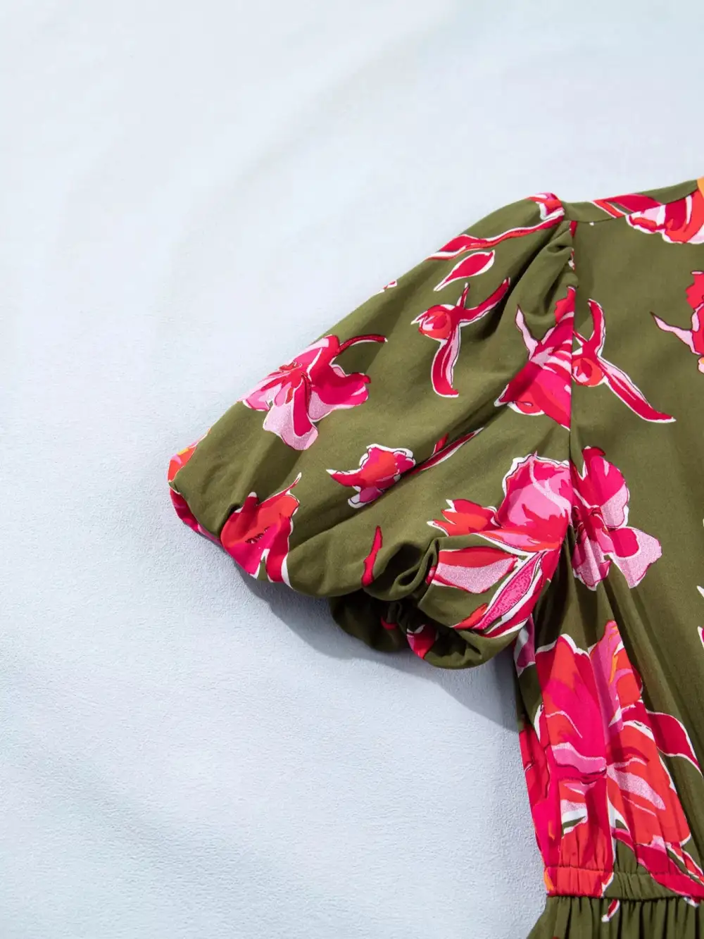 Gathered Detail Floral Printed Split Neck Dress