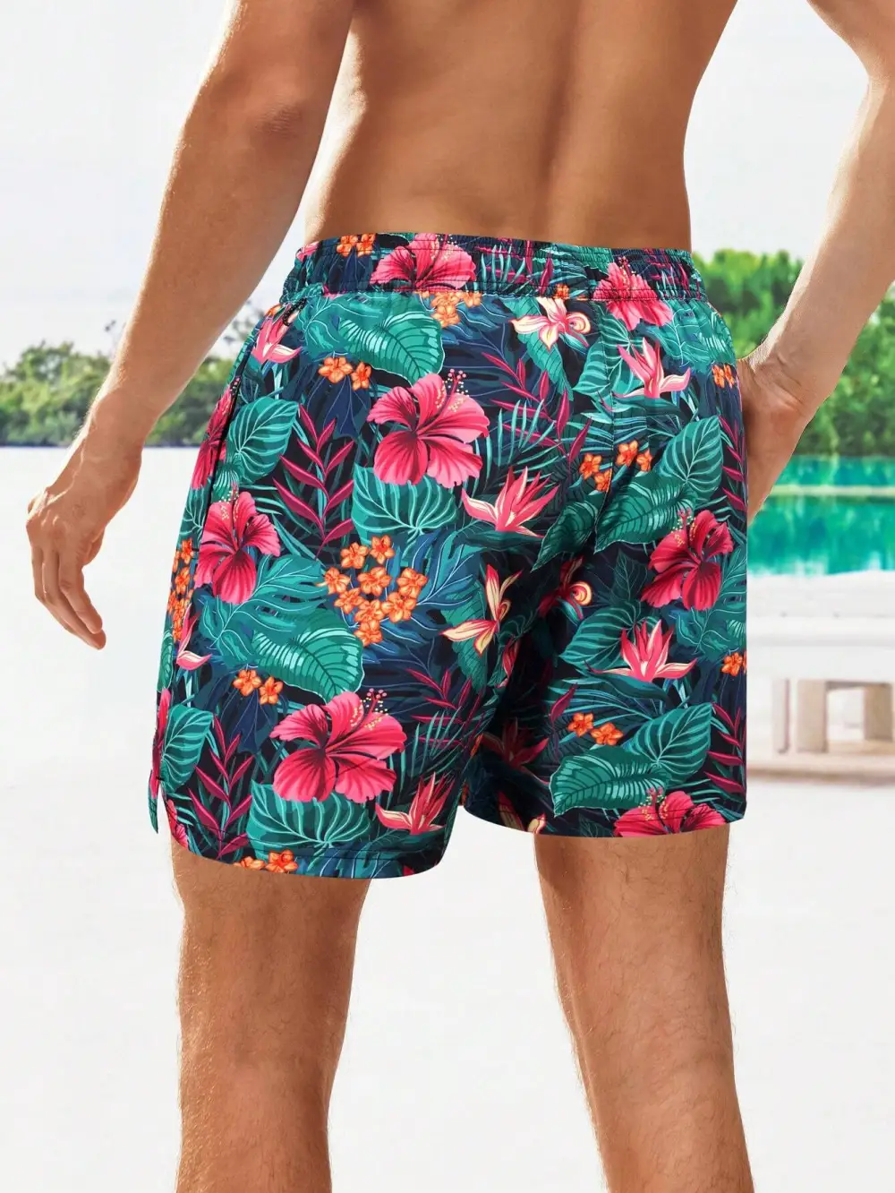 Men's Tropical Print Drawstring Layered Liner Swim Trunks