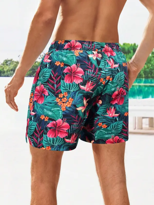 Men's Tropical Print Drawstring Layered Liner Swim Trunks