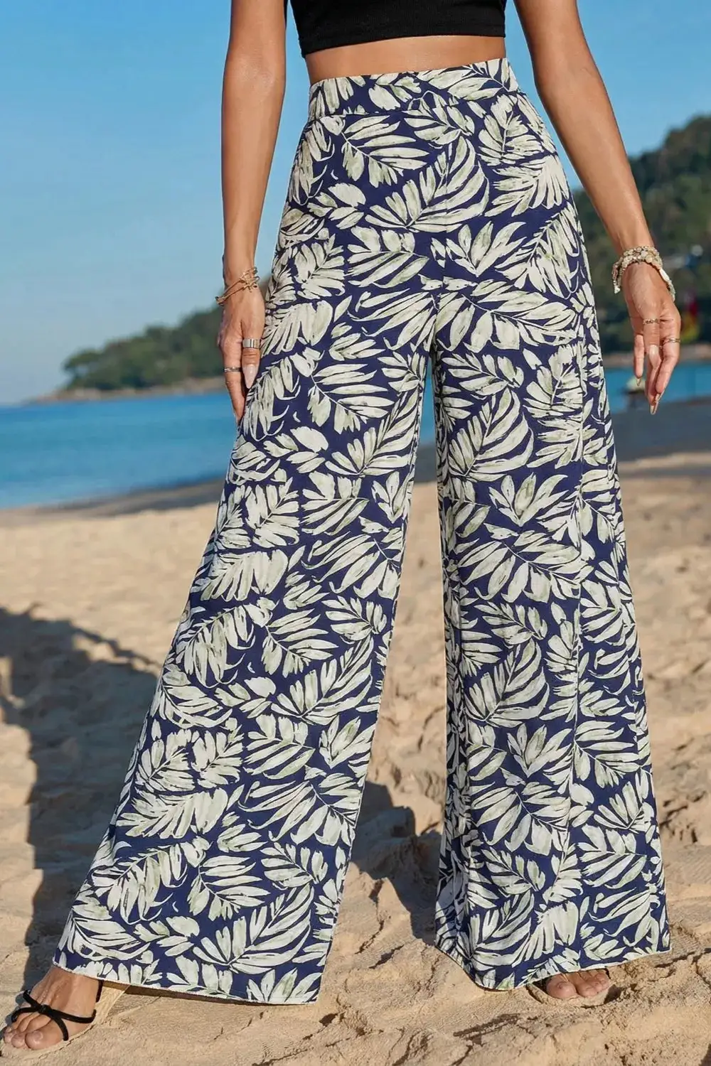 Wide Leg Printed Pocketed Casual Pants