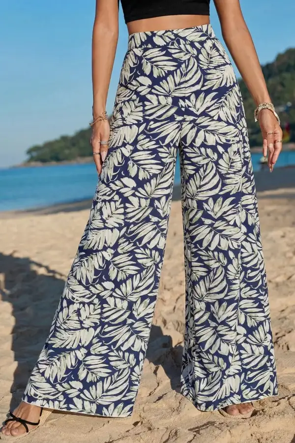 Wide Leg Printed Pocketed Casual Pants