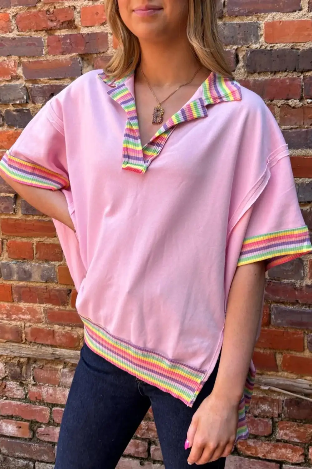 Striped Ribbed Oversized Polo T-Shirt