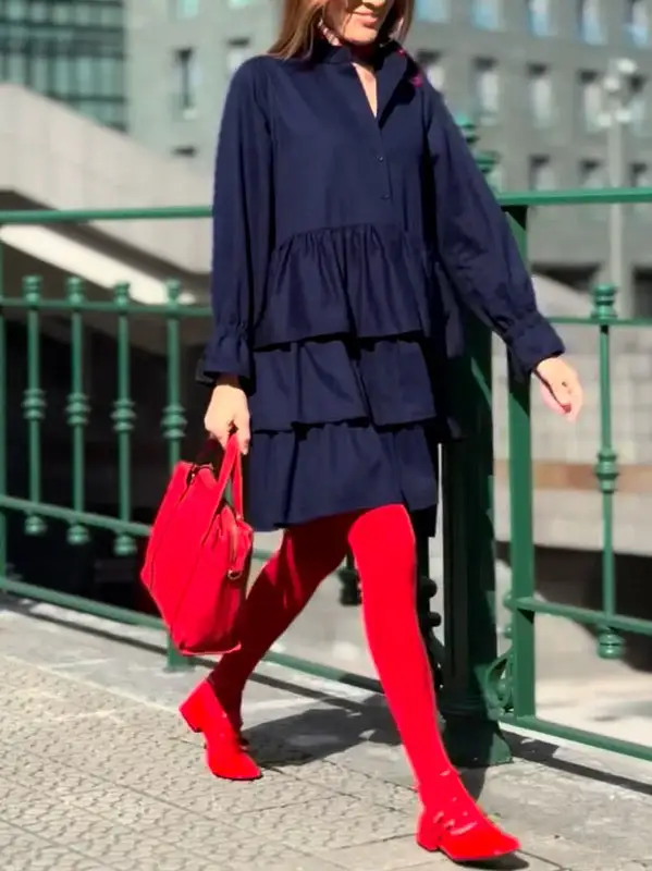 Flared Sleeve Long Sleeve Buttoned Elasticity Layered Solid Color V Neck