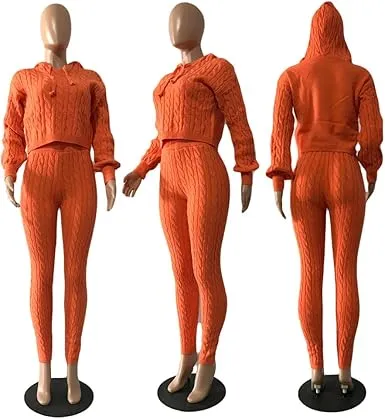 Women's Minimalist Textured Long Sleeve Crop Hooded Sweater& High Waist Skinny Pants Set