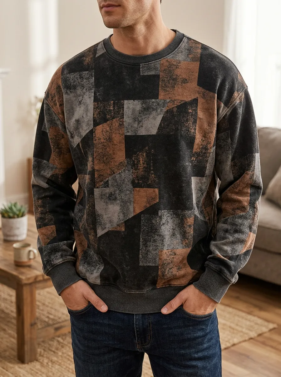 Men's Geometric Patchwork Distressed Printed Fleece Sweatshirt