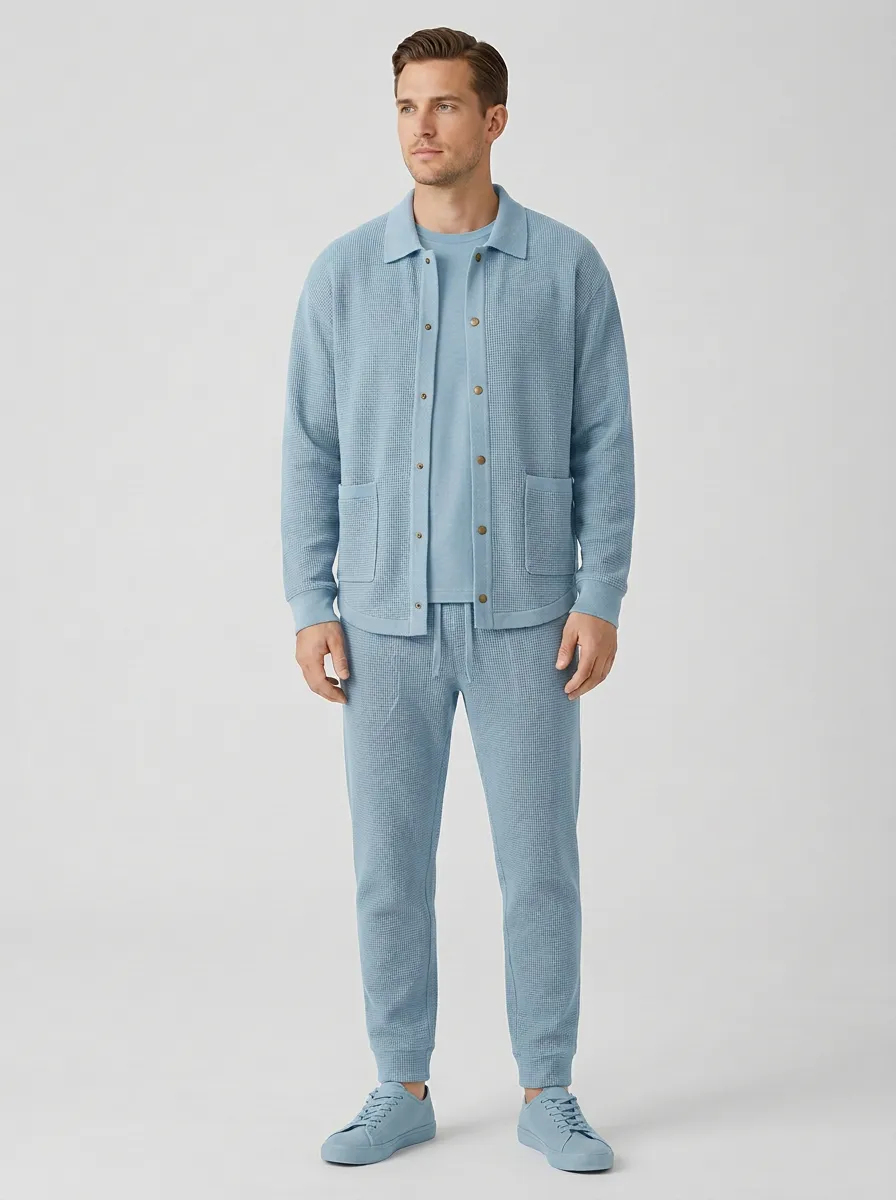 Men's Classic Waffle Textured Button Detail Polo Collar Jacket and Jogger Pants Set