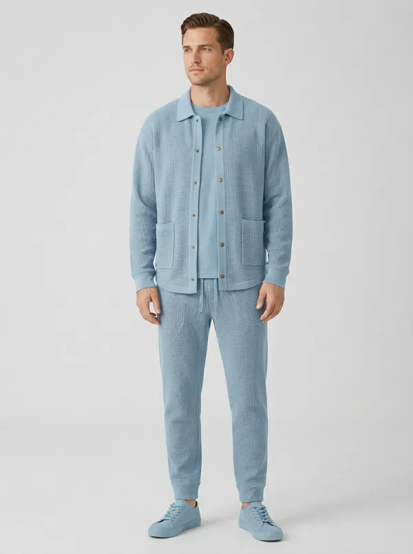Men's Classic Waffle Textured Button Detail Polo Collar Jacket and Jogger Pants Set