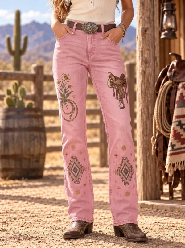 Women's Western Cowboy Saddle Floral Geometric Printed Jeans