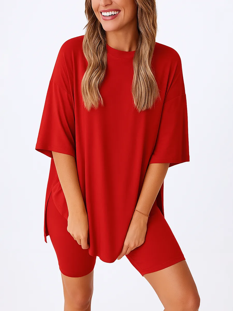 Women'S Summer Two-Piece Set 2025 Casual Oversized Shirts Biker Shorts Matching Airport Travel Outfit Split Hem Lounge