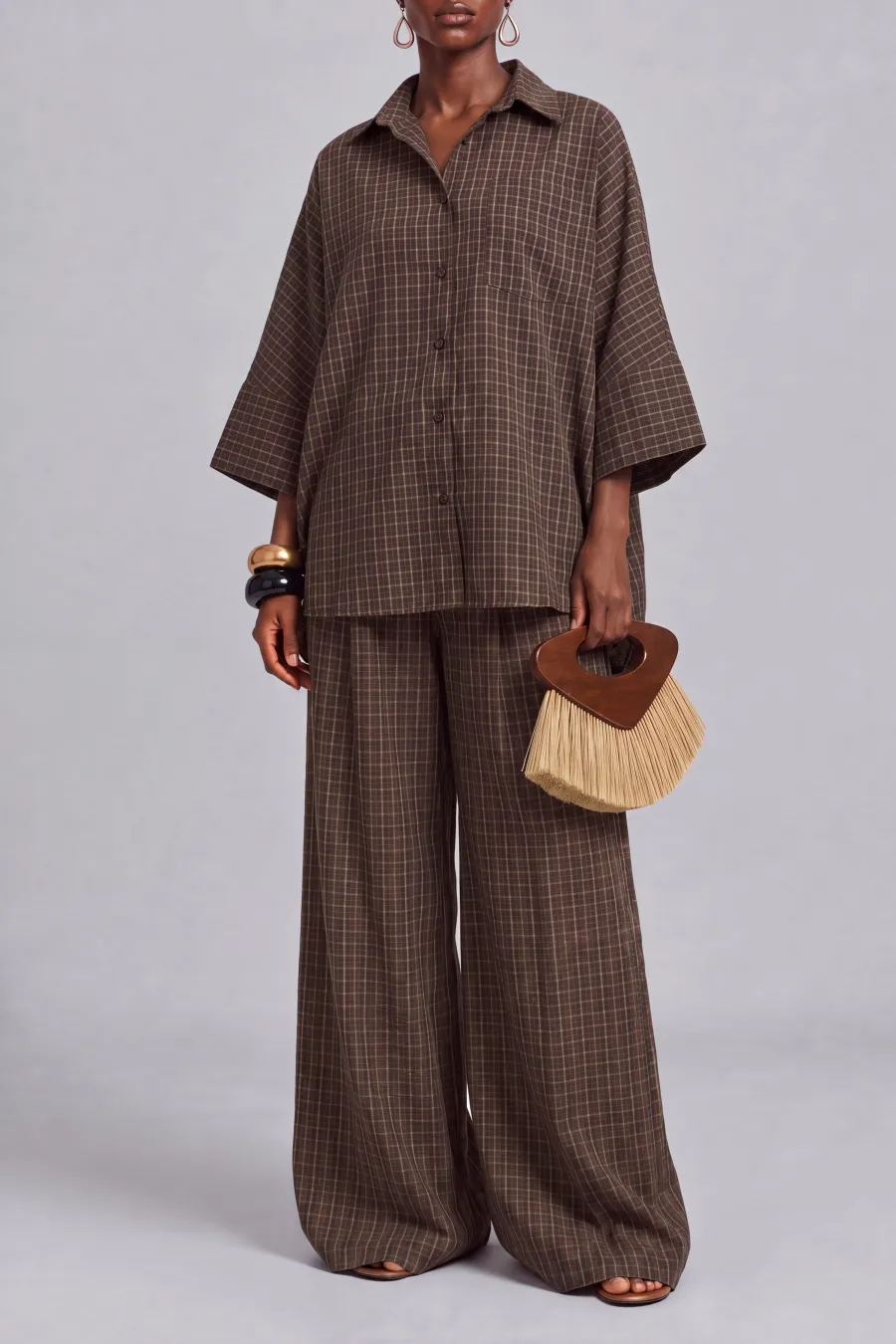 V Neck Button Front Plaid Matching Pants Set
