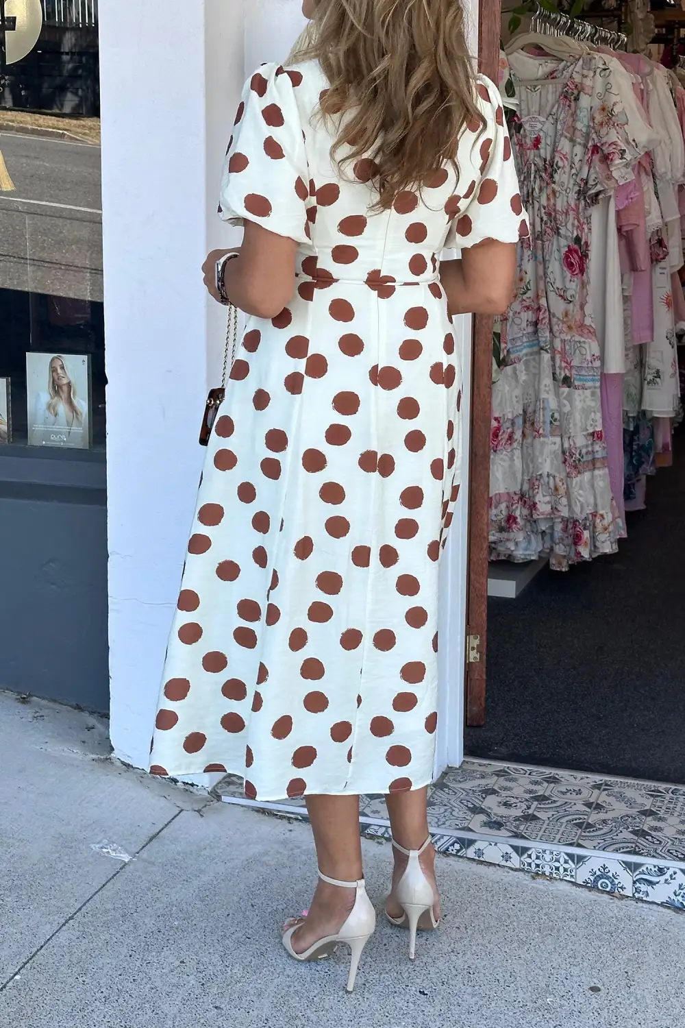 Polka Dot Printed V Neck Midi Dress