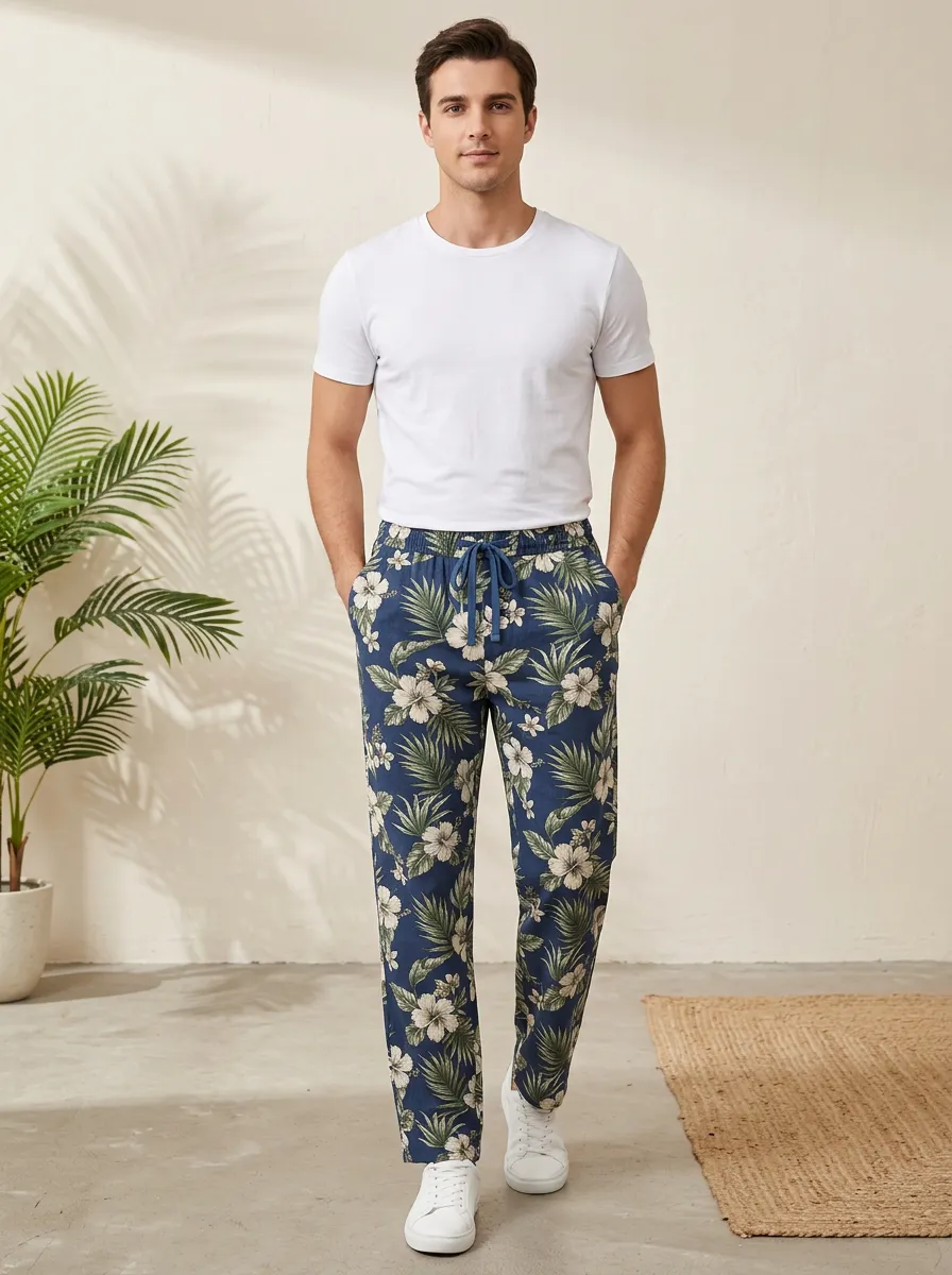 Men's Resort Inspired Hibiscus Printed Pants