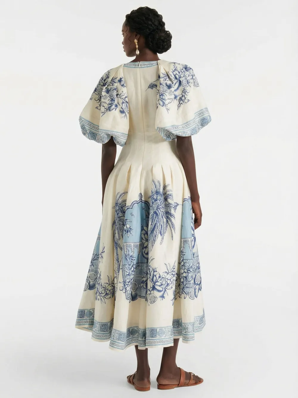 Elegant V Neck Puff Sleeve Toile Midi Dress