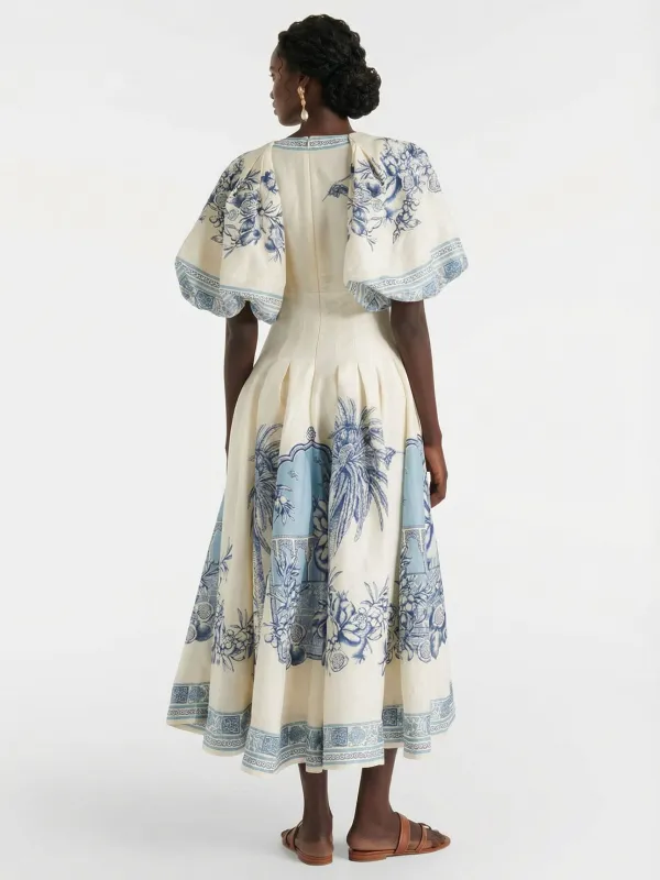 Elegant V Neck Puff Sleeve Toile Midi Dress