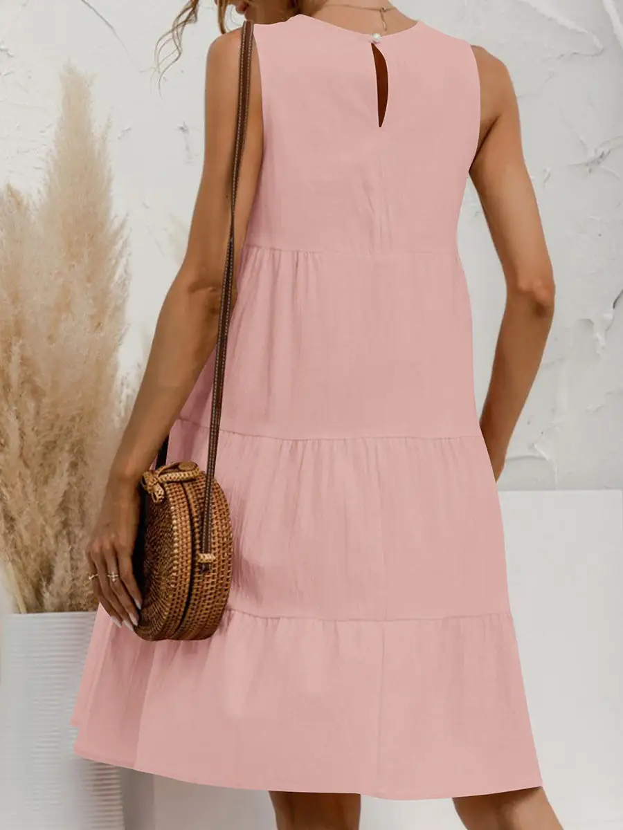 A Line Relaxed Pleated Solid Color Tiered Round Neck Mini Dress