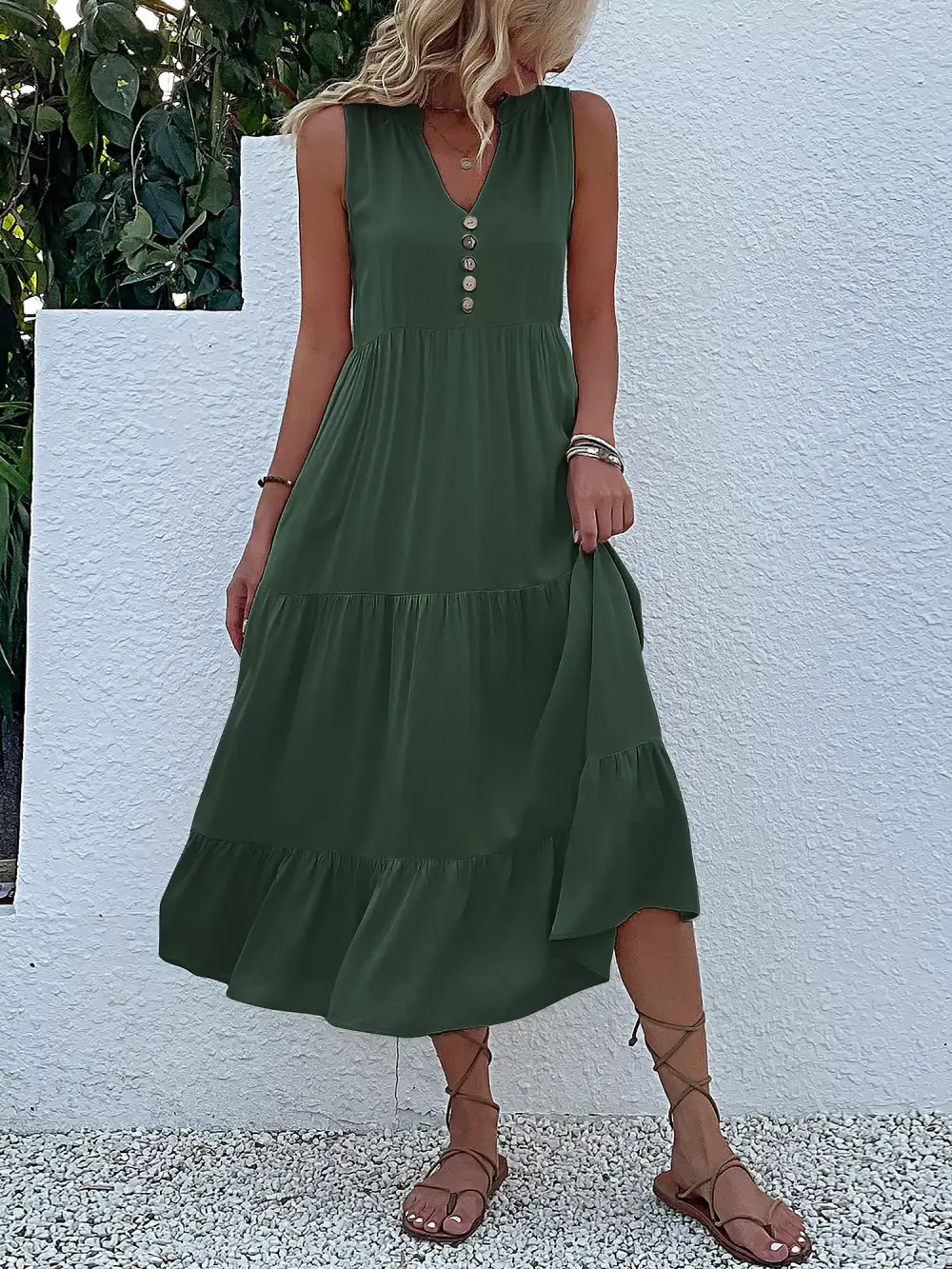 Notch-Neck Buttoned Sleeveless Tiered Midi Dress