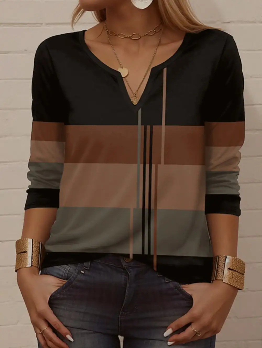Round Neck Striped Long-Sleeved Tee