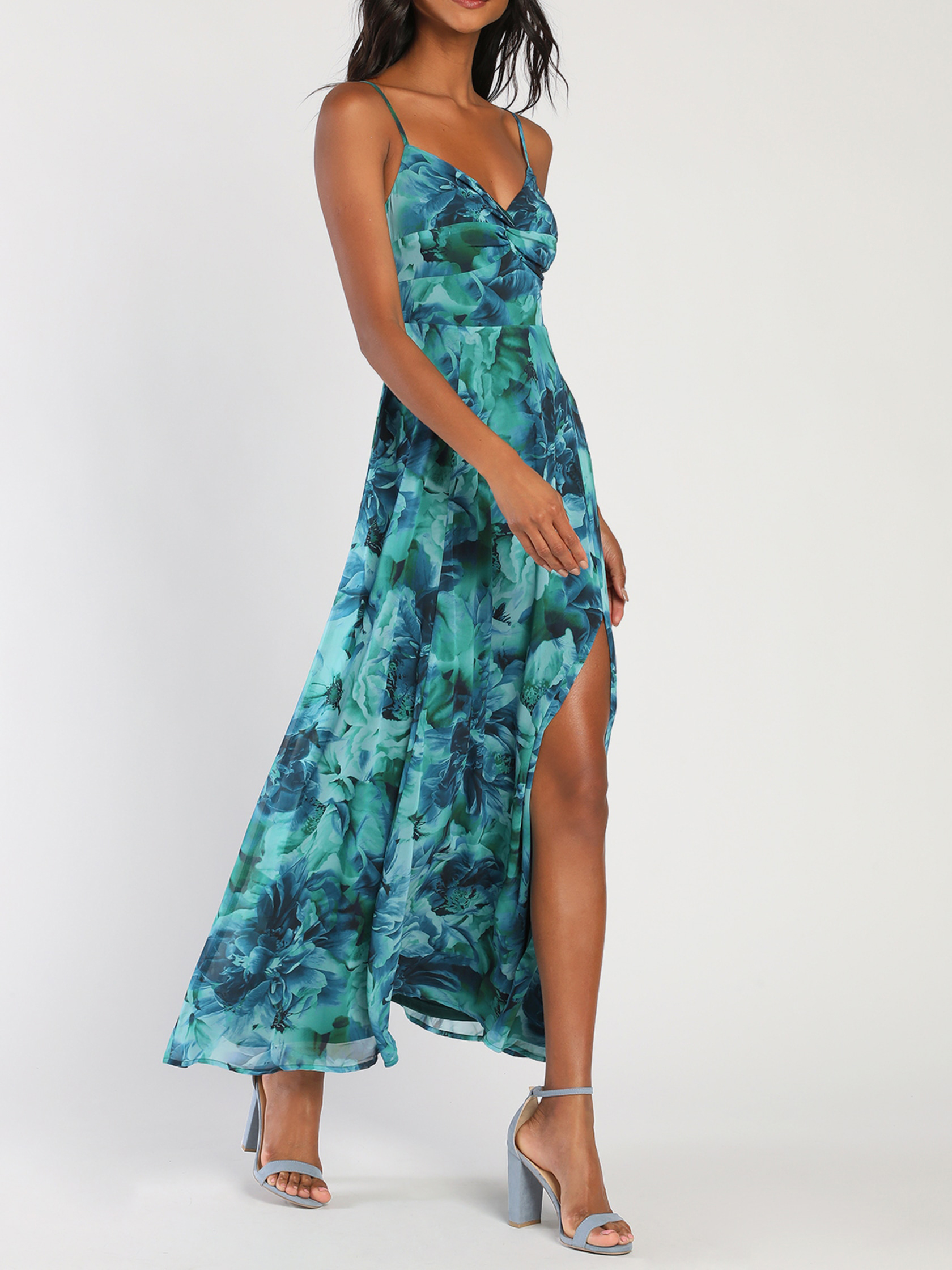 Beautiful Teal Green Floral Print Twist-Front Maxi Dress