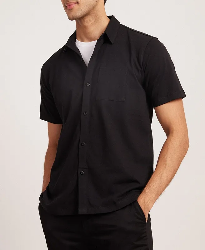 Black Short Sleeve Linen Shirt
