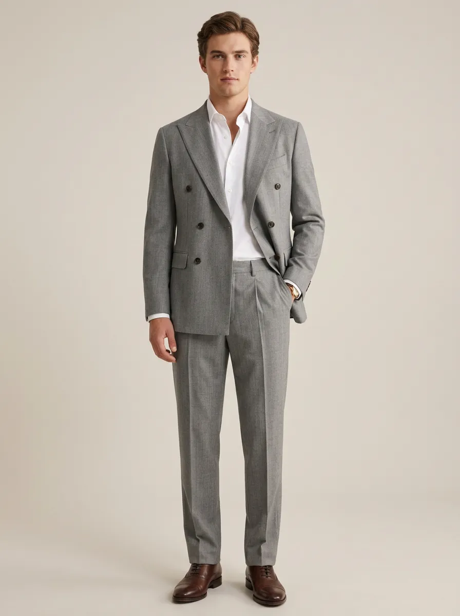 Men's Structured Fit Business Formal Grey Double-Breasted Tailored Suit