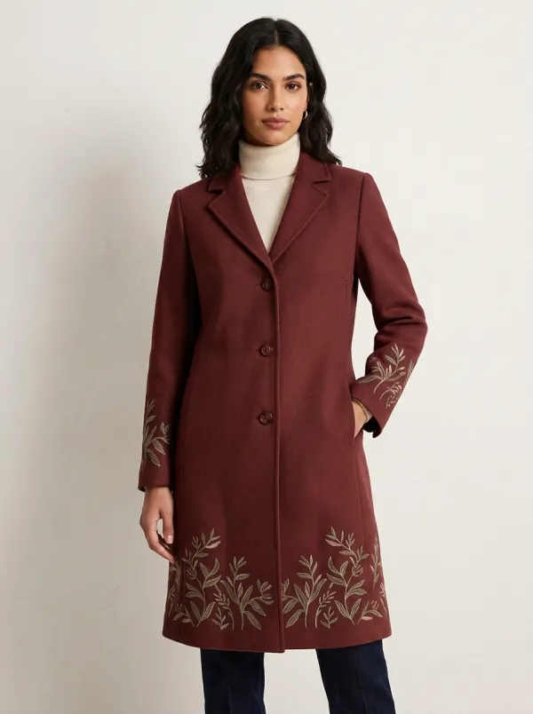 Women's Botanical Floral Embroidered Camel Coat