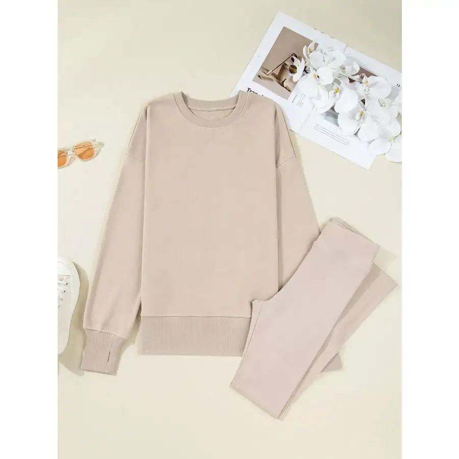 Solid Oversize Slit Sweatshirt and Ribbed Leggings 2pcs Set