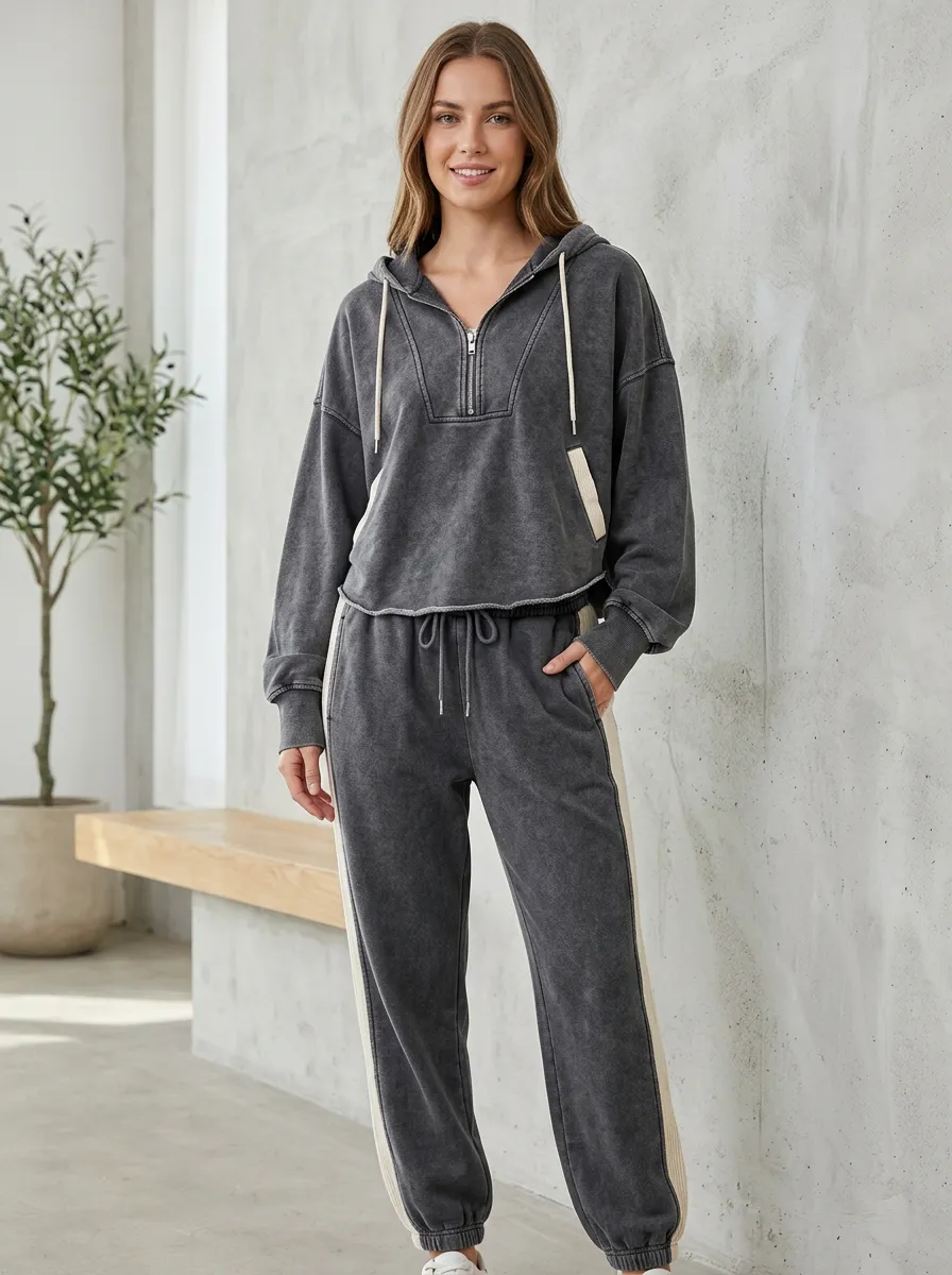 Women's Vintage Wash Quarter-Zip Contrast Panel Hooded Tracksuit