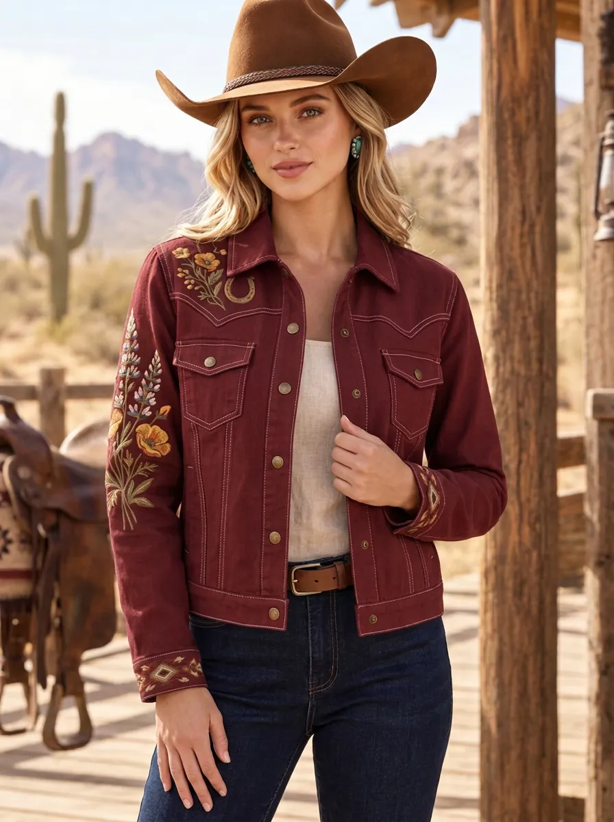 Women's Western Cowgirl Horseshoe Horse Floral Embroidered Jacket