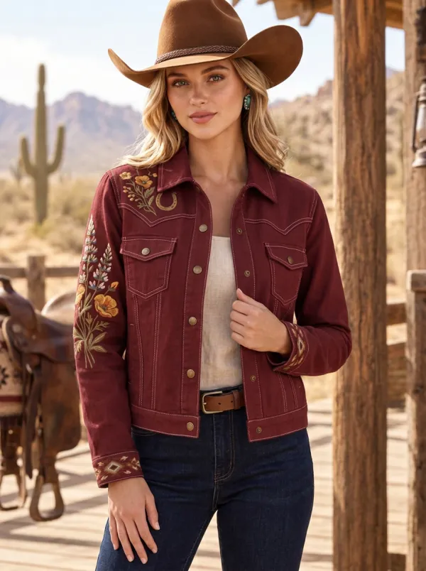 Women's Western Cowgirl Horseshoe Horse Floral Embroidered Jacket