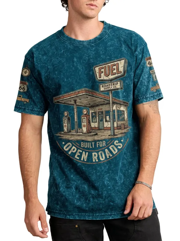 Men's Road Trip Lover Gas Station Route 66 Printed T-shirt