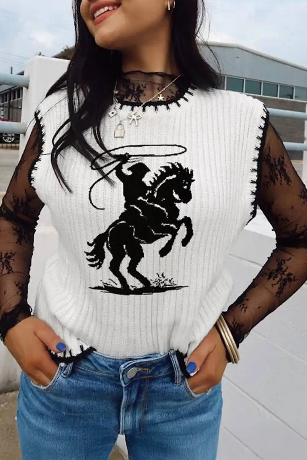 Contrast Trim Round Neck Rodeo Cowboy Sweater Vest