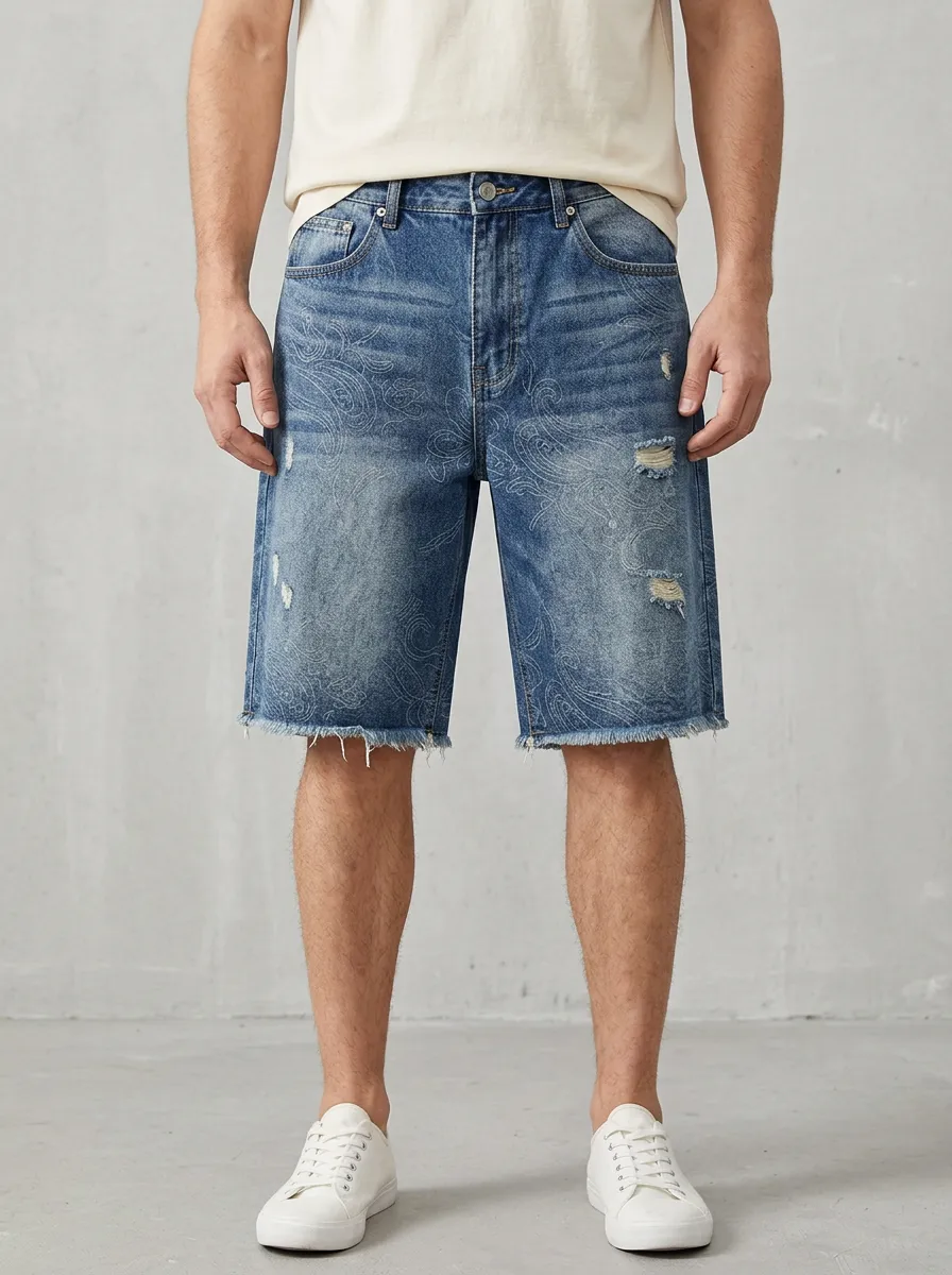 All-Day Distressed Raw Hem Look Men's Distressed Raw Hem Denim Shorts
