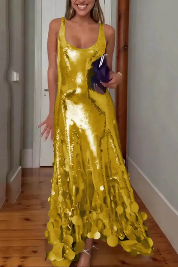Tips Sequin Irregular Round Maxi Gown