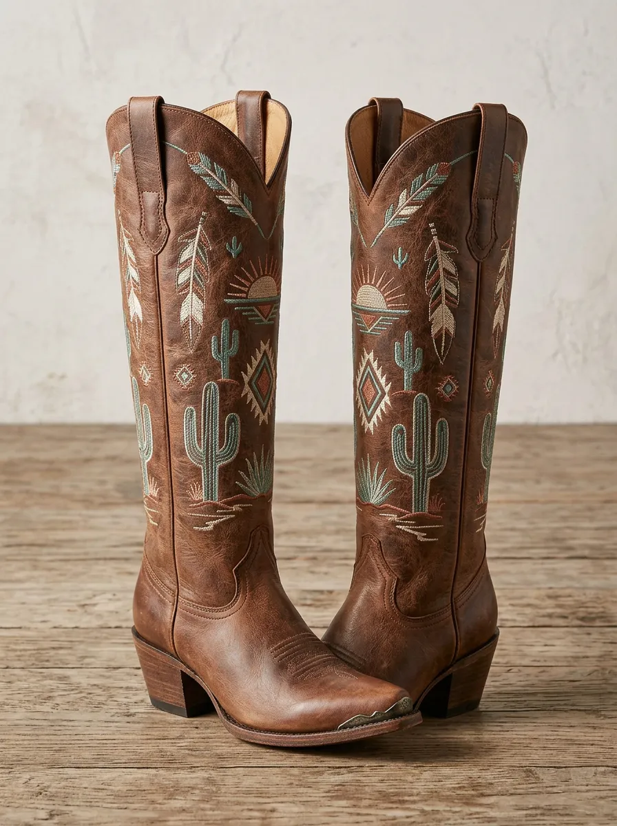 Women's Western Cactus Sun Wing Feather Embroidered Pointed-Toe Denim Over-the-Knee Boots
