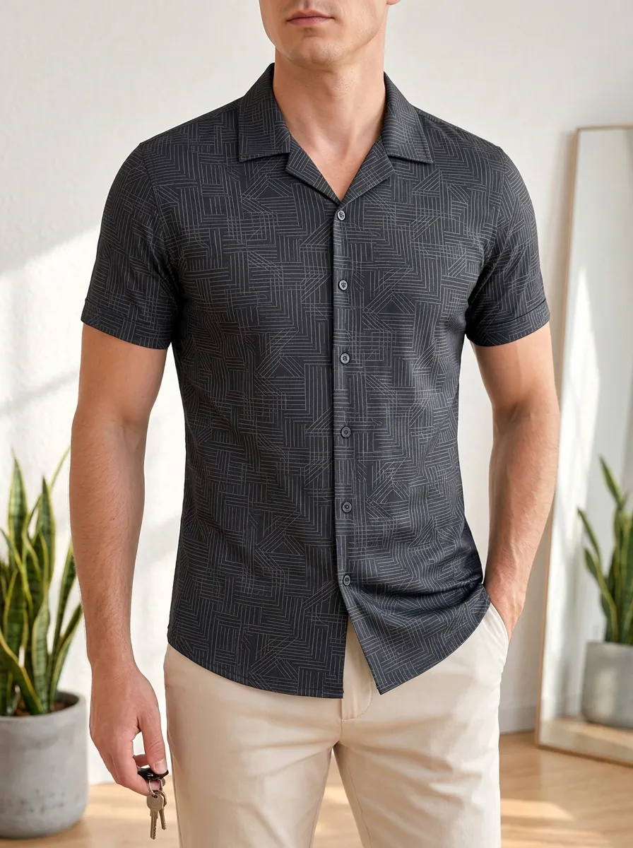 Men's Geometric Line Short Sleeve Camp Collar Slim Fit Shirt