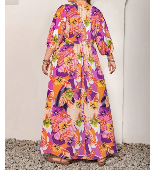 Plus Size Printed Tie Neck Maxi Dress