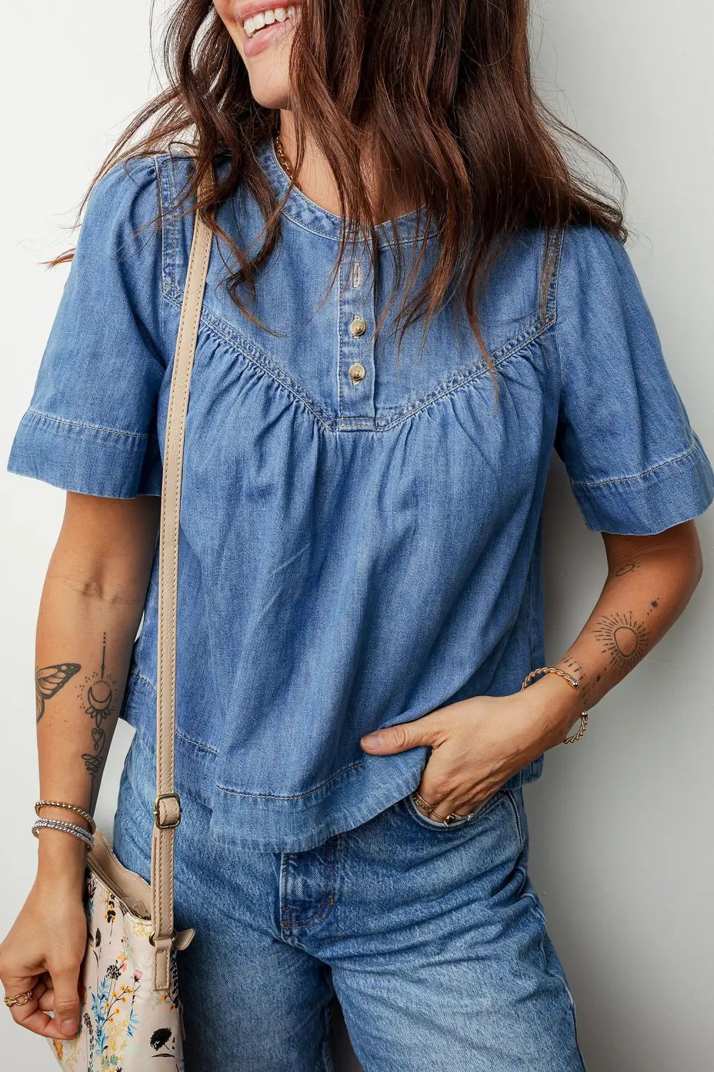 Pleated Button Front Short Sleeve Blouse