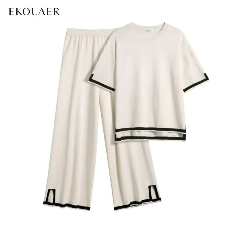 Women's 2-Piece Lounge Set - Black Knit Tracksuit with Short Sleeve Top & Wide Leg Pants - Soft Stretchy Homewear for Casual Wear