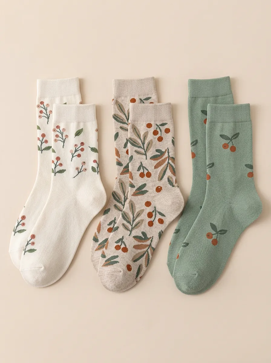 Women's Berry Leaf Botanical Ribbed Crew Socks Three Pair Set