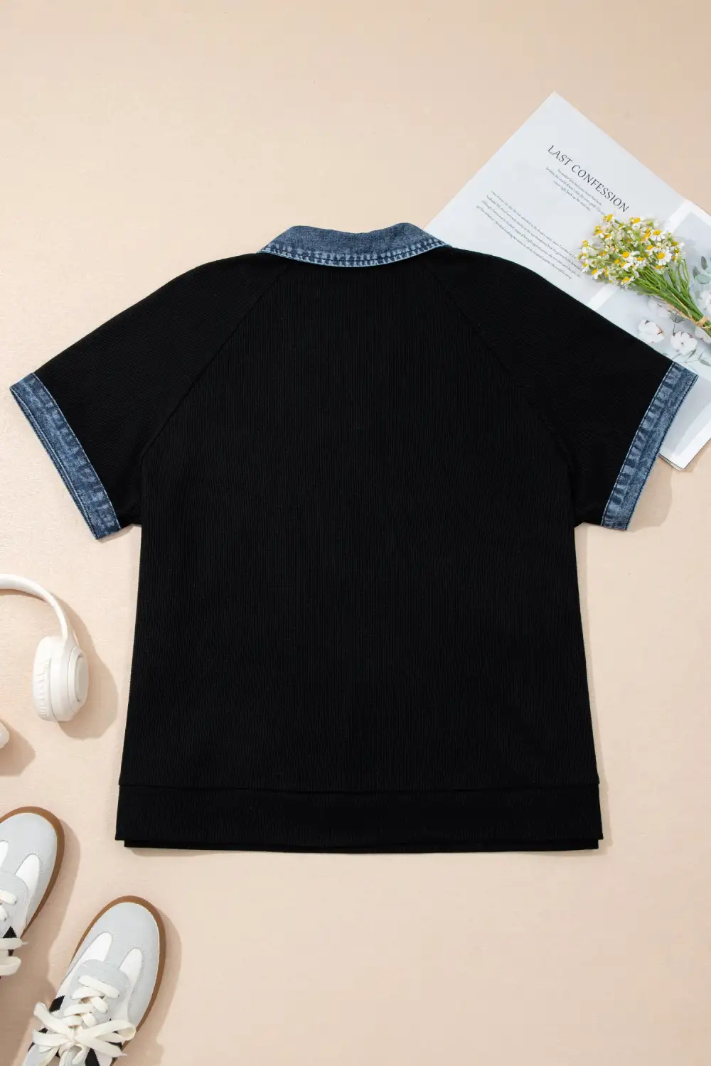 Patchwork Denim-Detail Polo T-Shirt