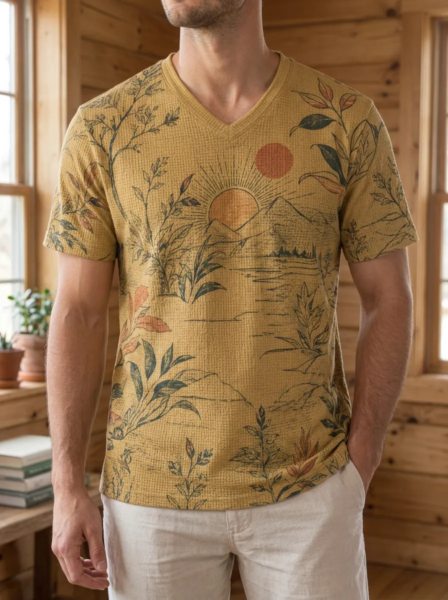 Men's Scenic Nature Lover Mountain Sunset Botanical V-Neck T-Shirt